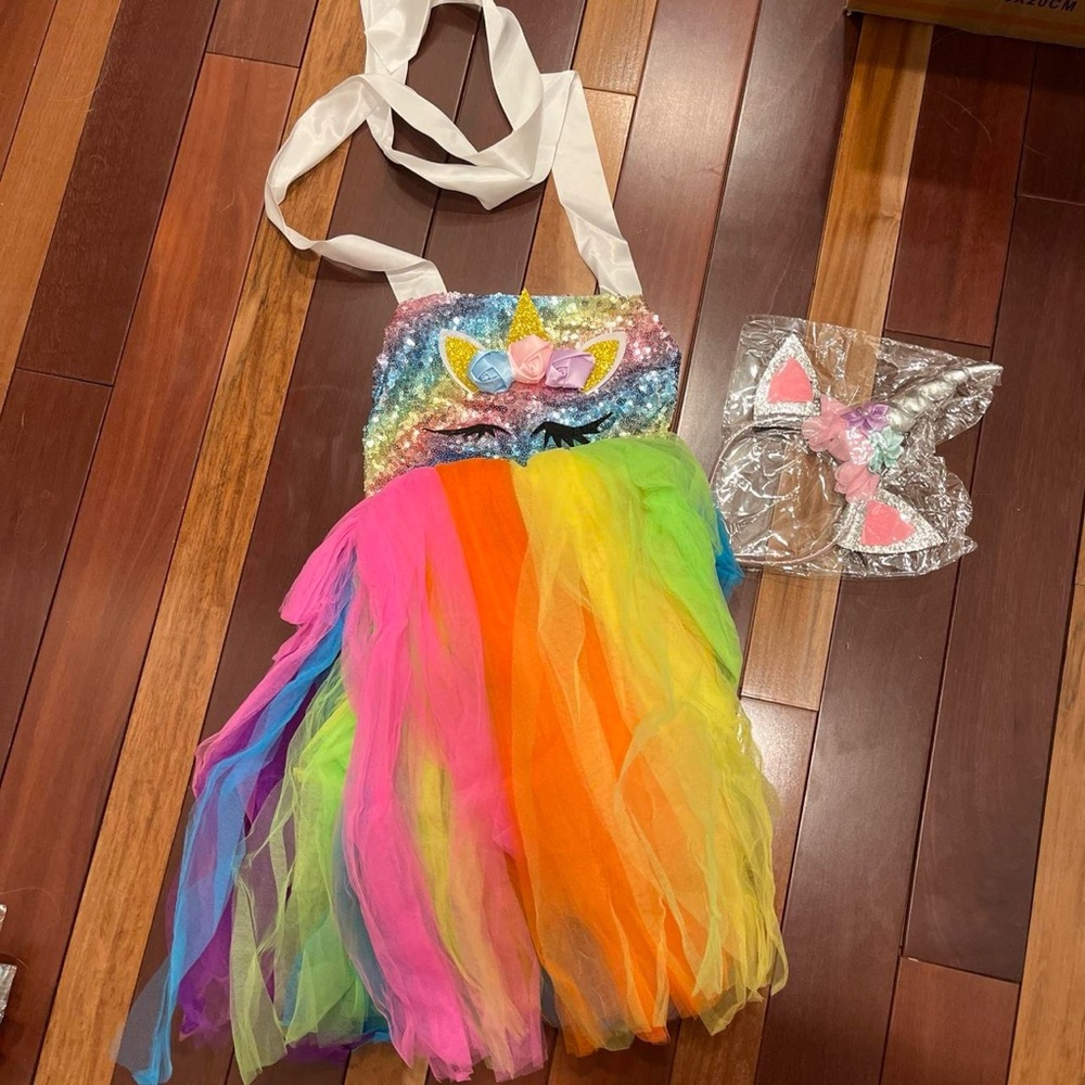Girls Rainbow Unicorn Costume Dress with Headband - Multicolor